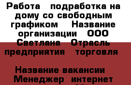 Работа / подработка на дому со свободным графиком. › Название организации ­ ООО Светлана › Отрасль предприятия ­ торговля › Название вакансии ­ Менеджер  интернет-магазина › Место работы ­ Белогорск г. › Минимальный оклад ­ 25 000 › Максимальный оклад ­ 50 000 - Амурская обл., Белогорск г. Работа » Вакансии   . Амурская обл.